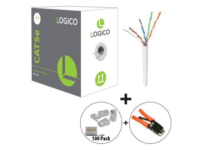 Cat5e UTP Riser CMR Cable 1000ft White RJ45 Crimp Tool 100 Piece Cat5e RJ45 Plugs Kit T328120