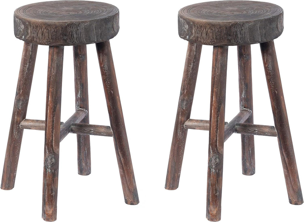 Antique Round Wooden Stools Set of 2, Brown W1010