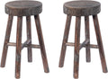 Antique Round Wooden Stools Set of 2, Brown W1010