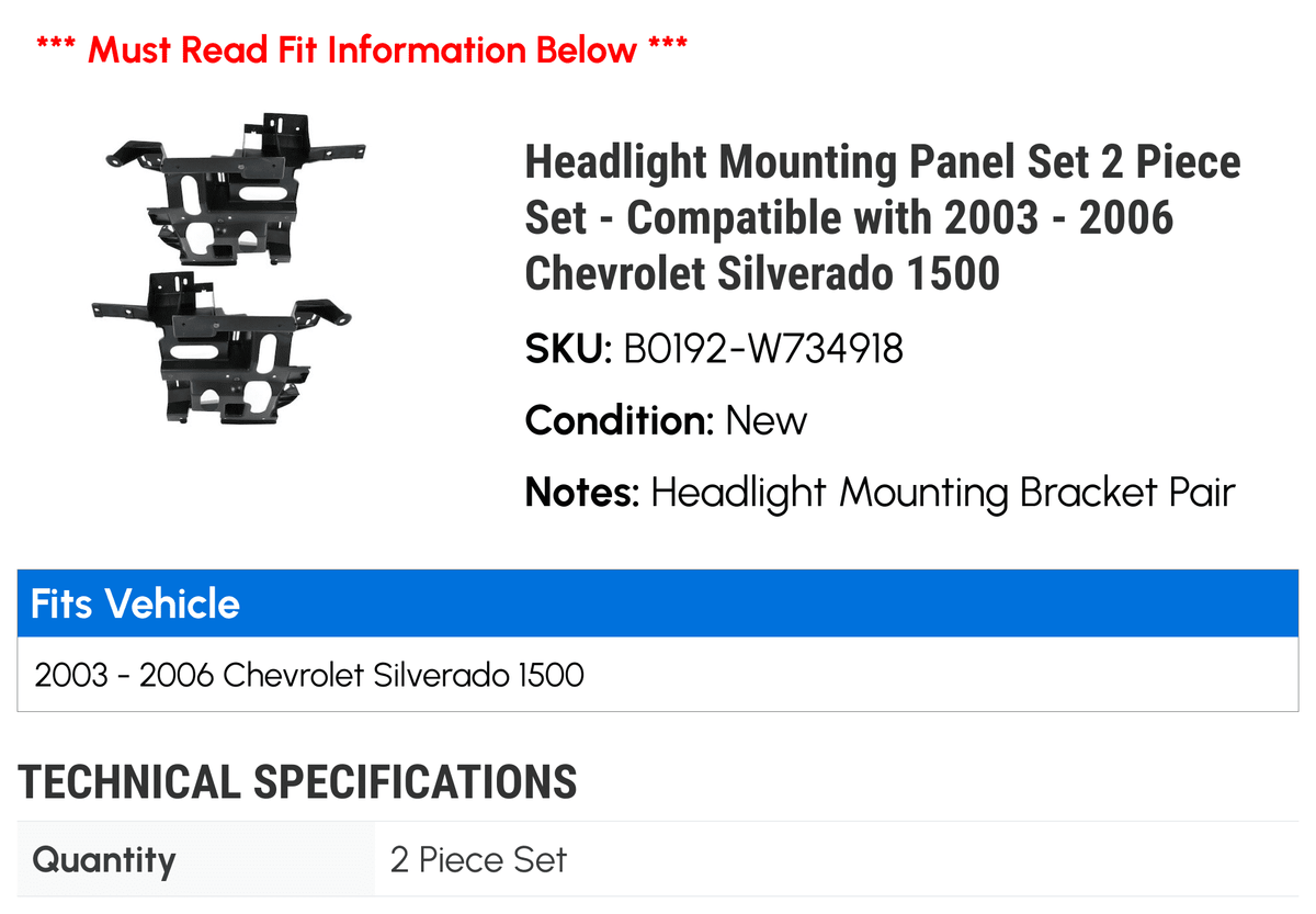 Headlight Mounting Panel Set 2 Piece Set O7476