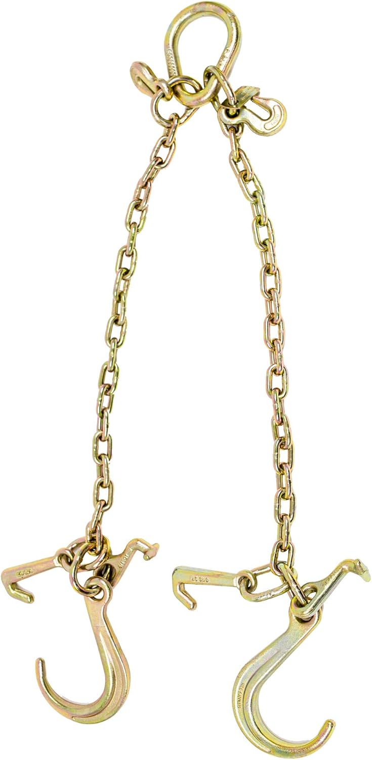 5/16'' x 3' G70 V-Chain Bridle with 8" Medium J Hooks, T-Hook & J-Hook with Grab Hooks, 4700 lbs WLL, Pack of 2 S720
