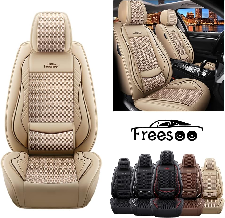 Beige 9 Leather Car Seat Covers Full Set B1898
