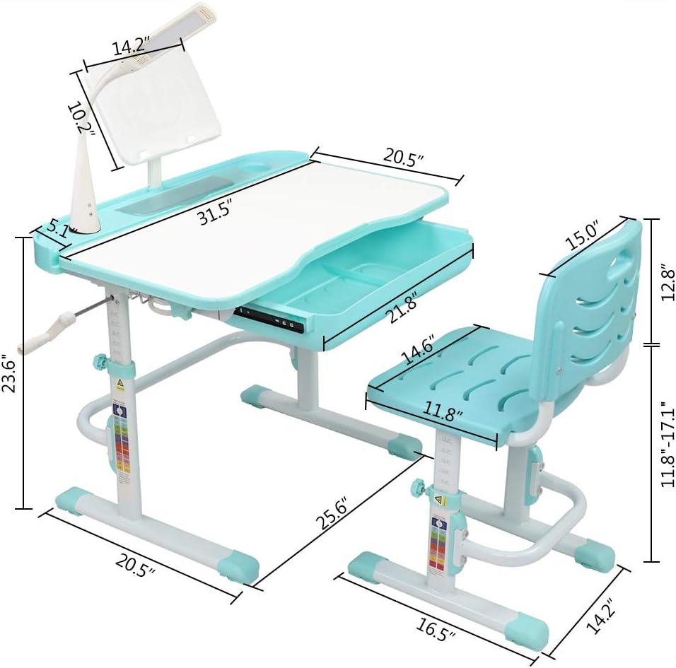 Blue-Green Children Learning Table and Chair with Desk Lamp O9552
