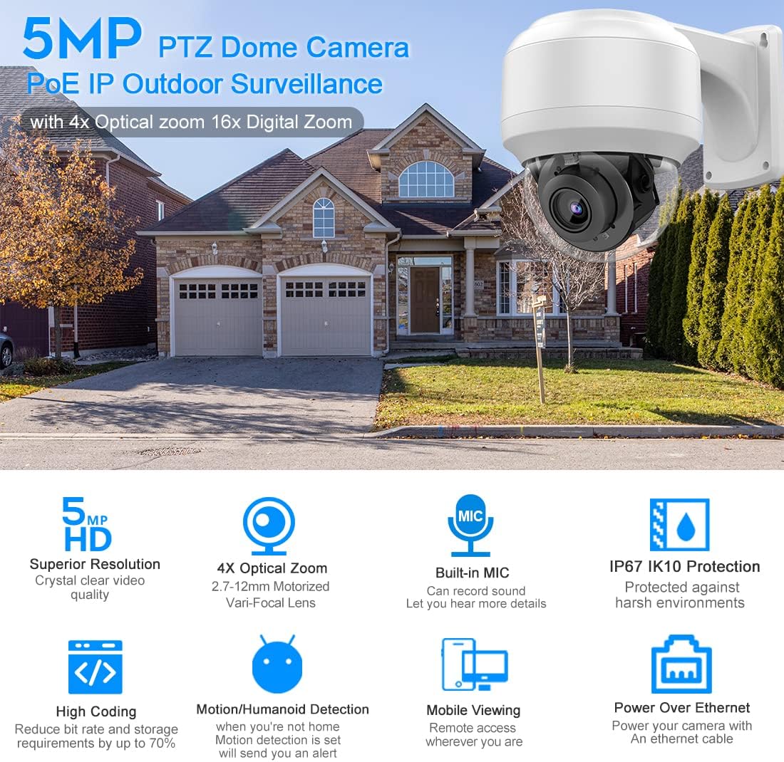 5MP PTZ PoE Dome IP Camera with Mic/Audio, 4X Optical Zoom, 164ft Night Vision, IP67 Waterproof W850039