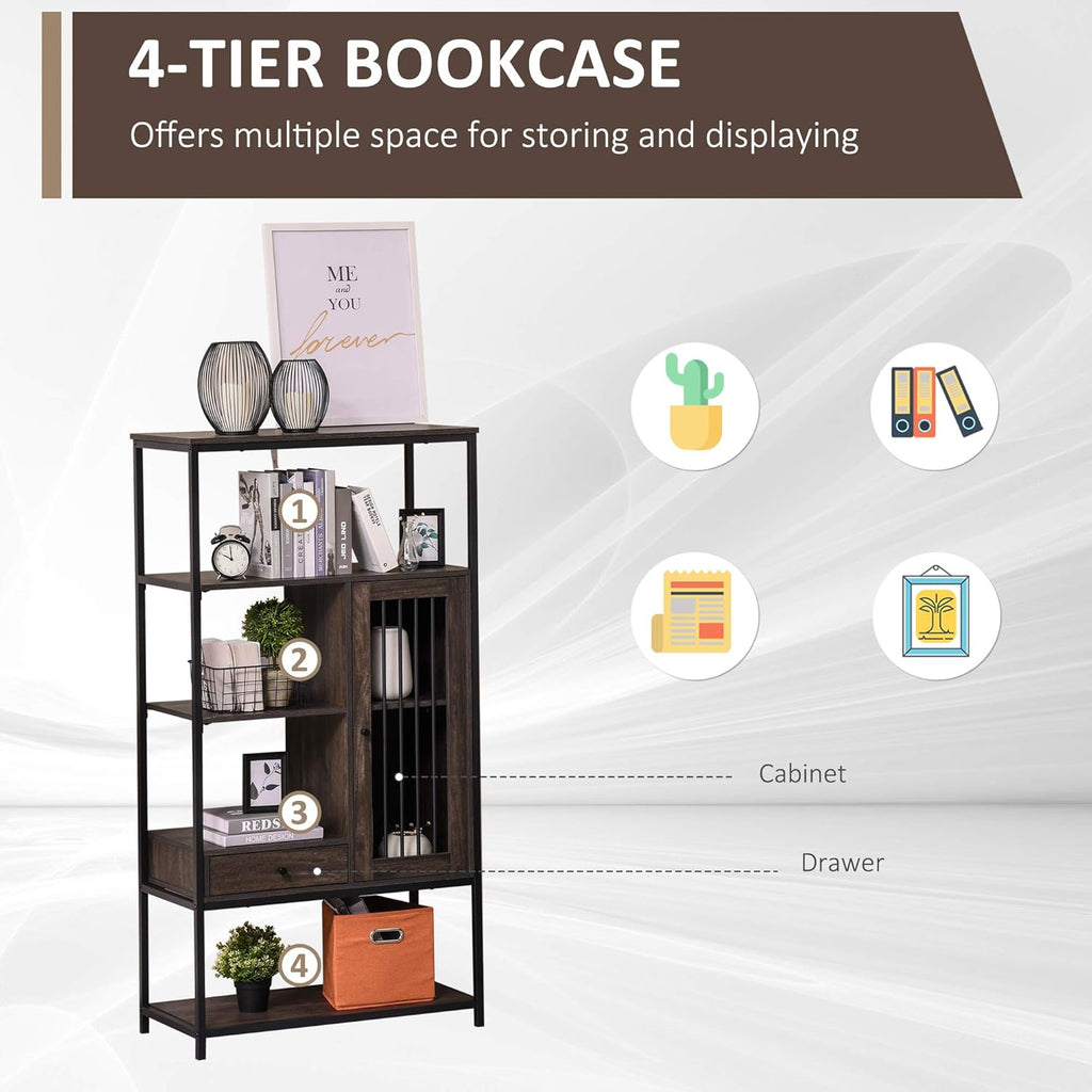 4-Tier Industrial Style Bookcase with Drawer and Cabinet A1631