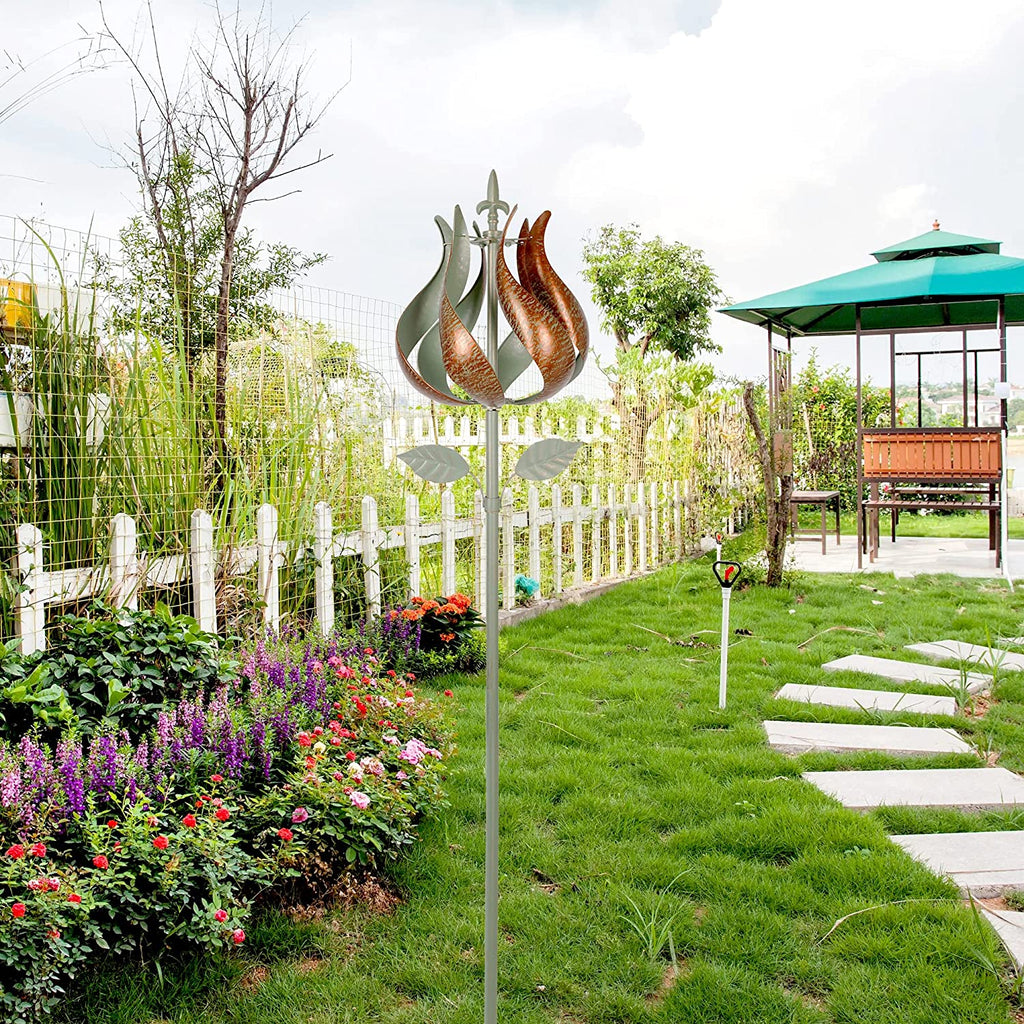 3D Kinetic Tulip Garden Wind Spinner, 14" Wide, 75.5" High 360 Degrees Flower Windmill X238176