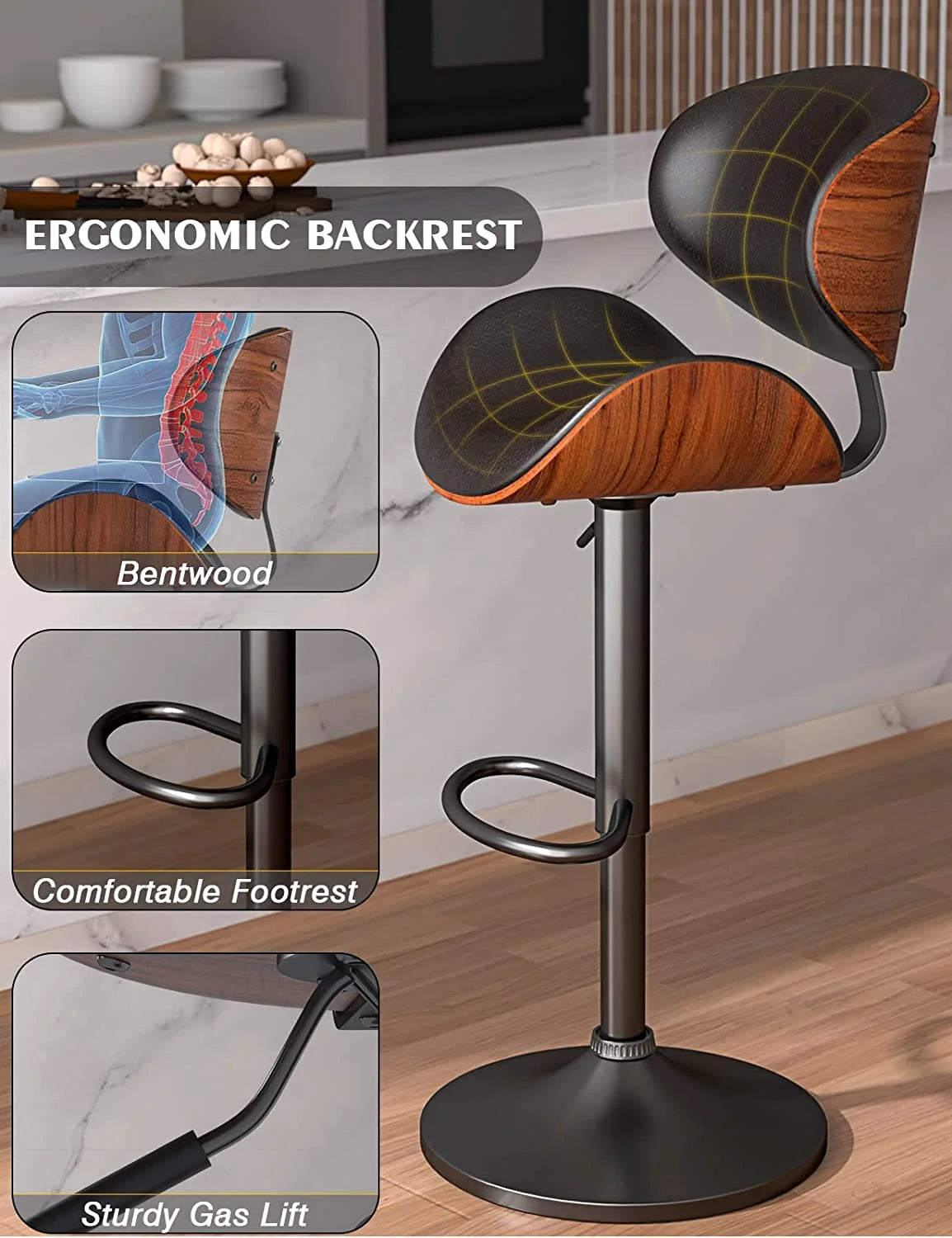 Swivel Bar Stools Set of 2, Adjustable PU Leather with Back and Footrest M1524
