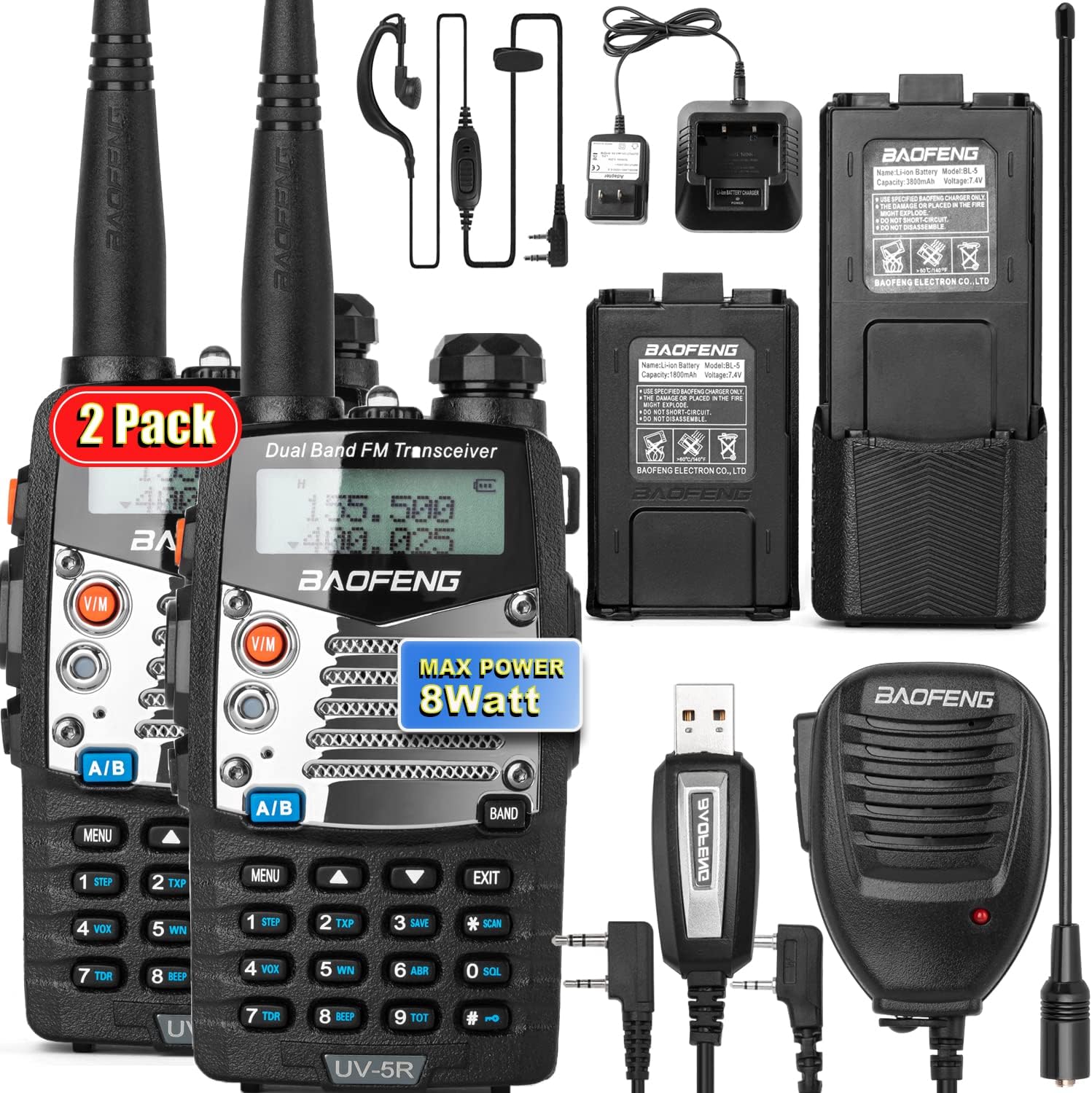 UV-5R Pro Dual-Band 2-Way Radio Handheld Walkie Talkies with 2 Rechargeable Battery and Earpiece M679717