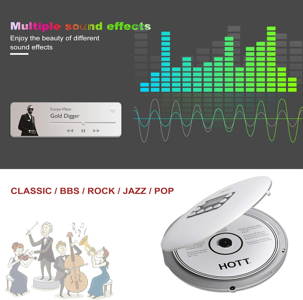 White Rechargeable Bluetooth Portable CD Player with Stereo Headphones B3818