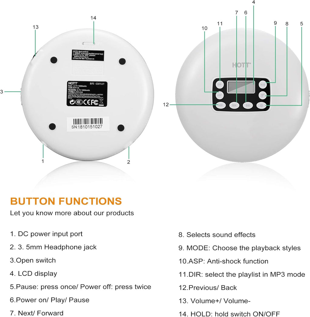 White Rechargeable Bluetooth Portable CD Player with Stereo Headphones B3818