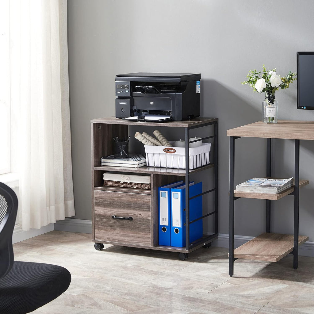 Rolling File Cabinet with Drawer and Open Storage Shelves, Retro Grey S801889
