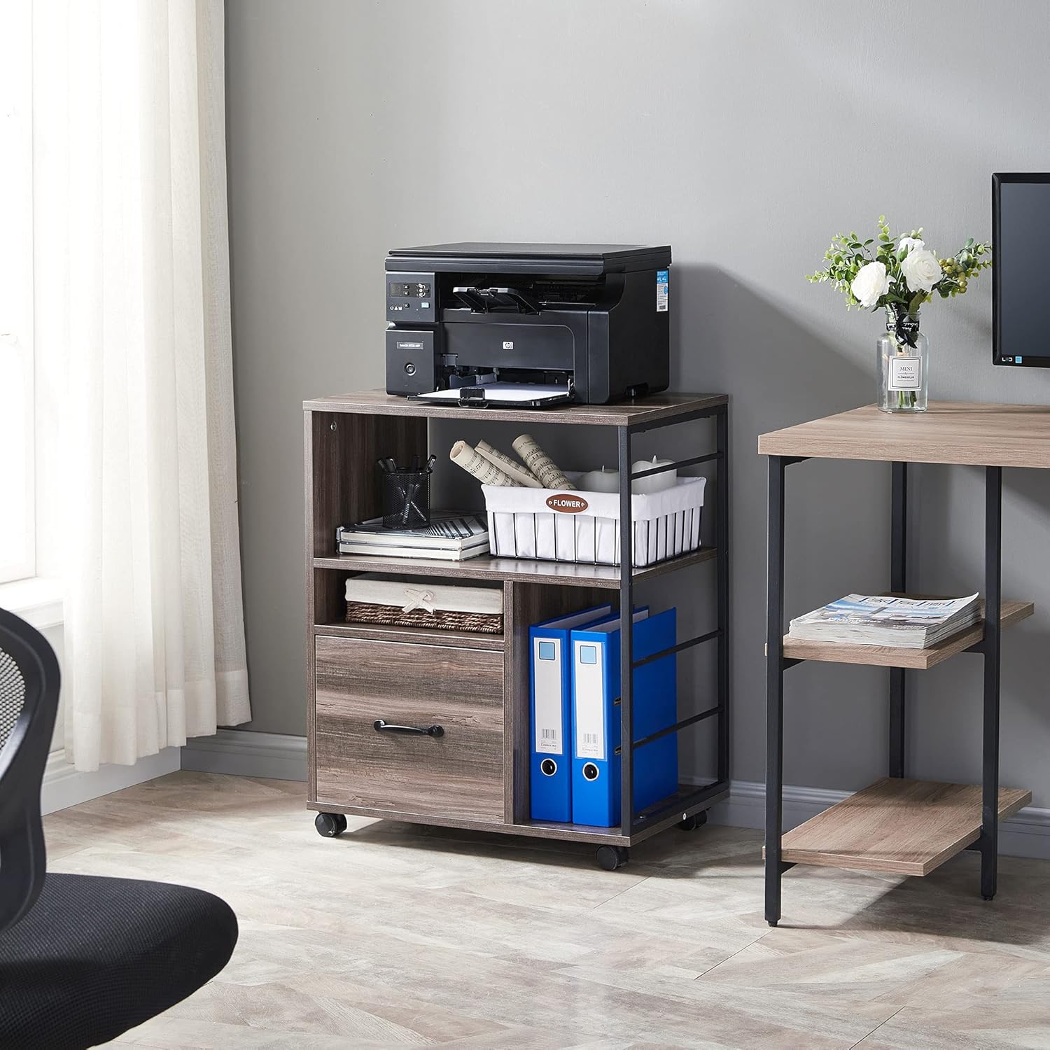 Rolling File Cabinet with Drawer and Open Storage Shelves, Retro Grey S801889