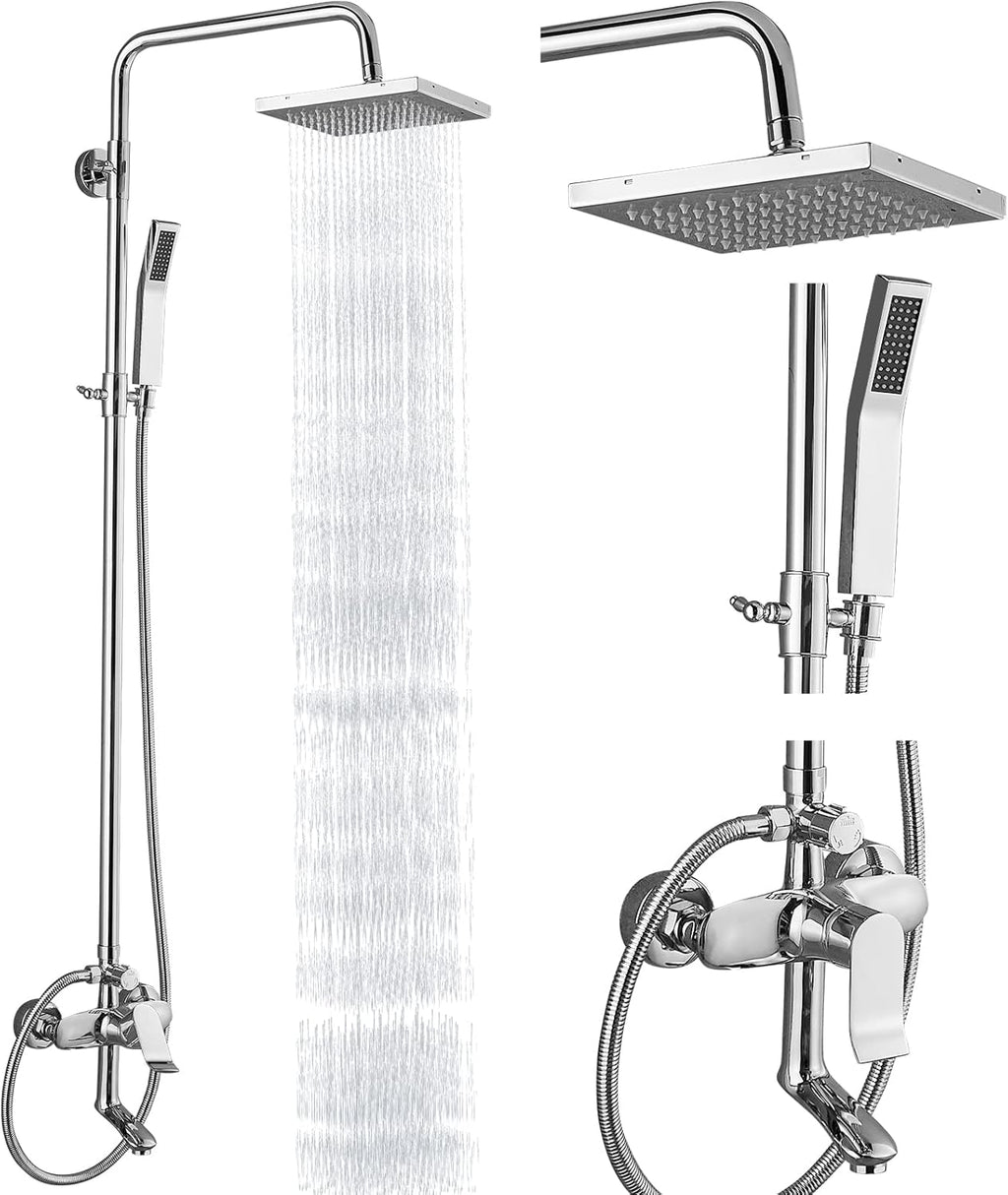 Brushed Nickel 3 Functional Adjustable Complete Set Tub 8 Inch Square Rainfall Shower Head with Square Hand-held A295196