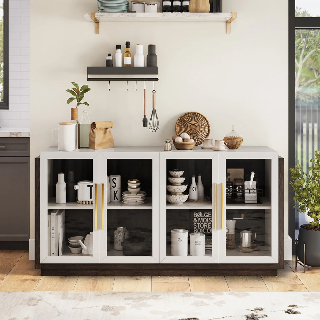 White Wood Glass Sideboard Buffet Cabinet with Storage M292