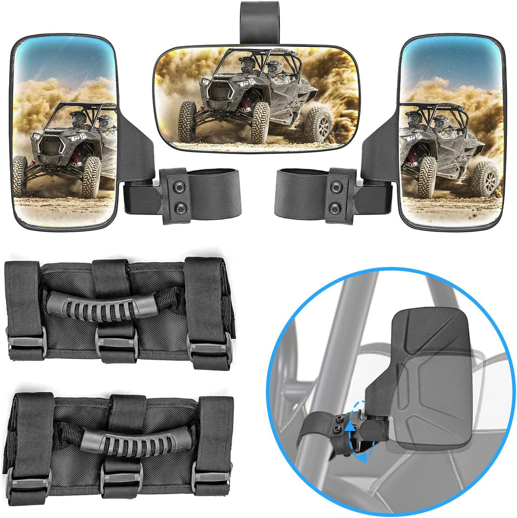 UTV Centre View & Side View Mirror for 1.5''-2'' Roll Cage Bar w/ Pair Grab Handle Set U43170