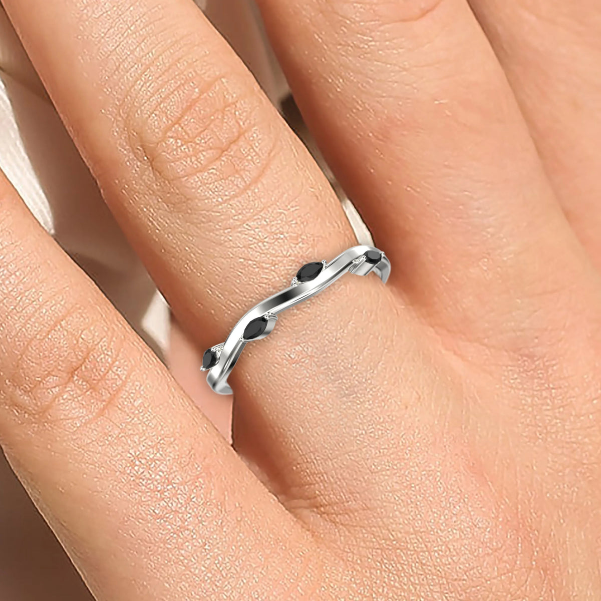 Marquise Cut Black Diamond Vine Ring 10k White Gold T528376