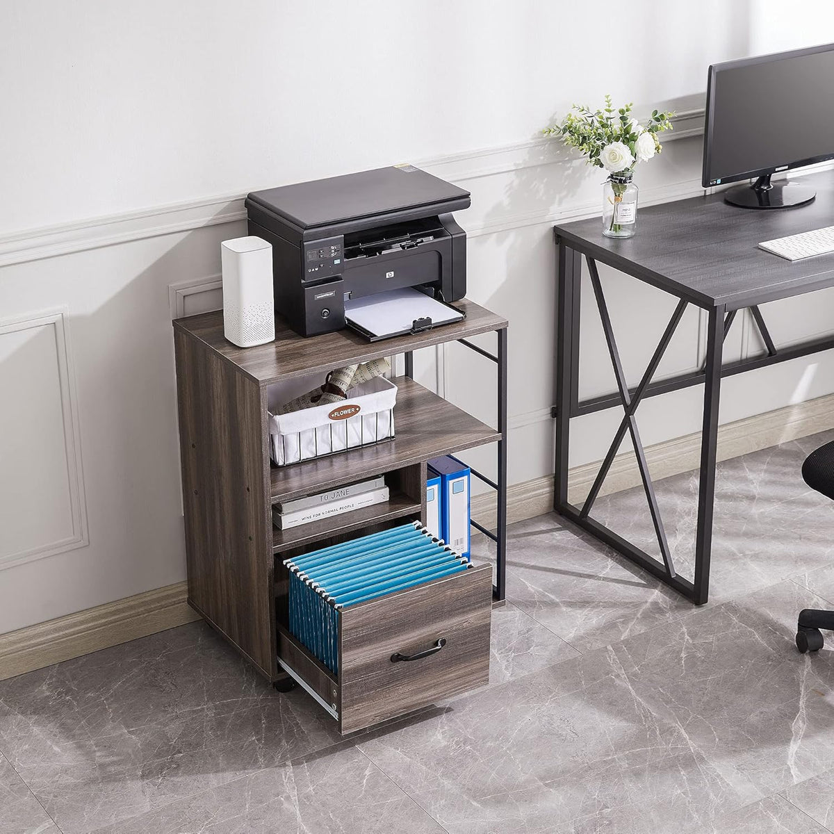 Rolling File Cabinet with Drawer and Open Storage Shelves, Retro Grey S801889