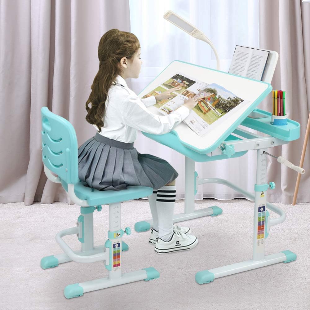 Blue-Green Children Learning Table and Chair with Desk Lamp O9552