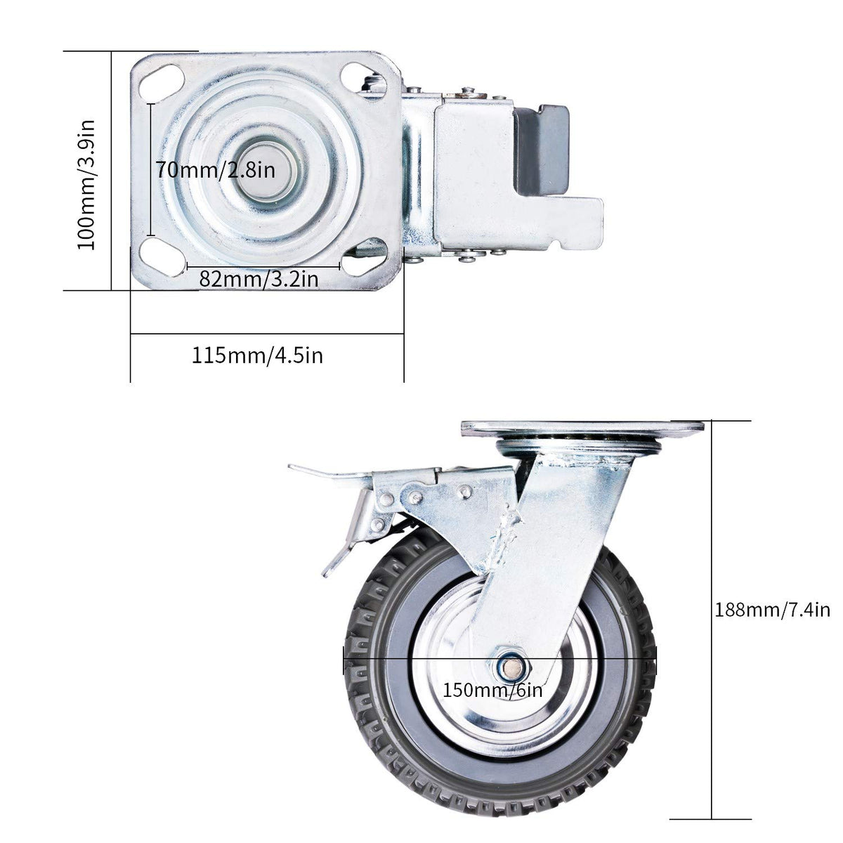 6 Inches Heavy Duty Rubber Swivel Casters Set of 4 (2 with Brakes & 2 Without) H864