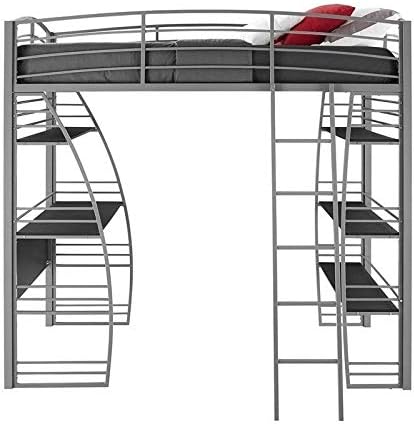 Gray Metal Frame Twin Loft Bed with Desk and Bookcase Y674