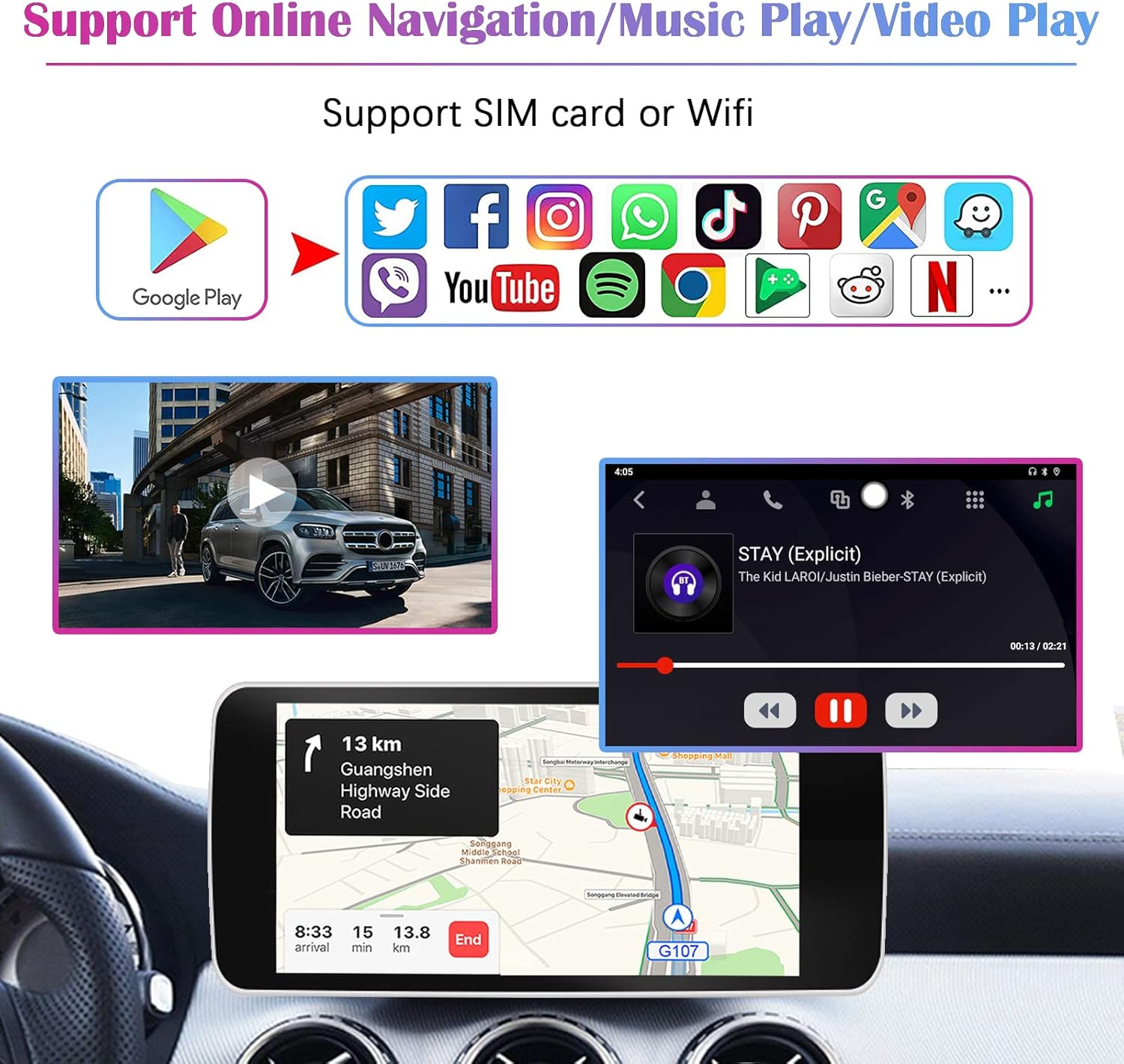 Wireless CarPlay Android AUTO Multimedia Video Box 4G Cellular, 4GB+64GB, 8 Core, Android 9.0 System, Built-in Navigation, Support SIM & TF Card Bluetooth, OEM Wired CarPlay Q397914