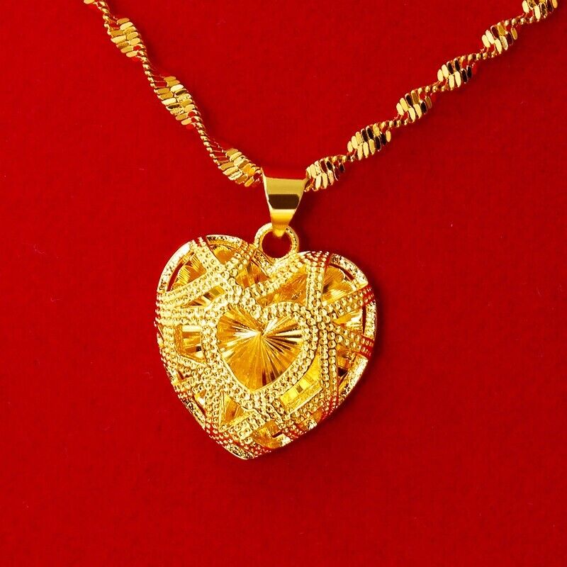 18k Yellow Gold Filled Over Sterling Silver Heart Chain Pendant Necklace F6491