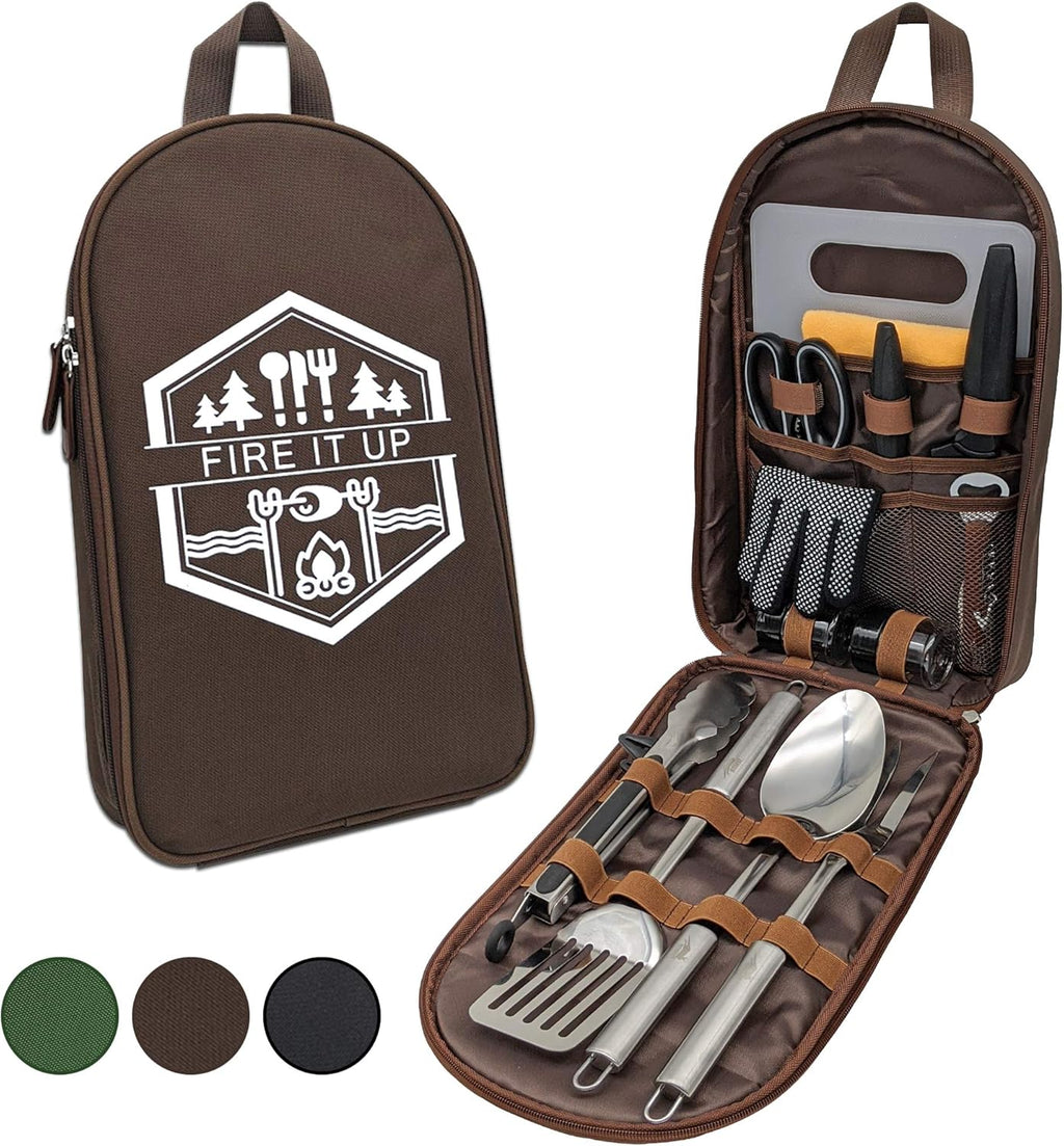 13 PC Stainless Steel Grilling Camping Cooking Utensils Set with Carrying Bag X539