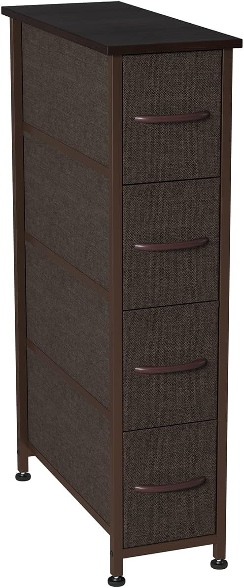 Black/Rustic Brown 4 Drawer Vertical Dresser with Steel Frame and Fabric Bins I754958