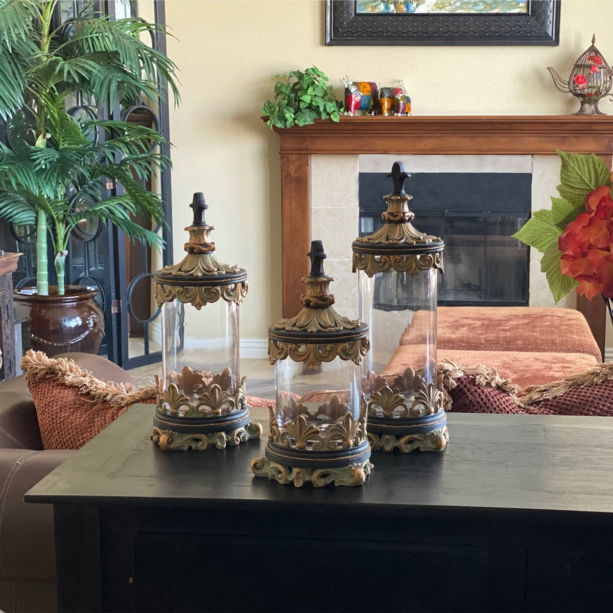 Antiqued Gold 3-Piece Glass Cylinder Canister Set E923