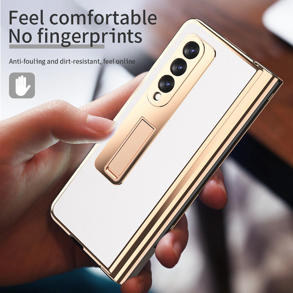 White Lychee Pattern Shockproof Case for Samsung Galaxy Z Fold 3 5G with Tempered Glass Screen Protector C8519