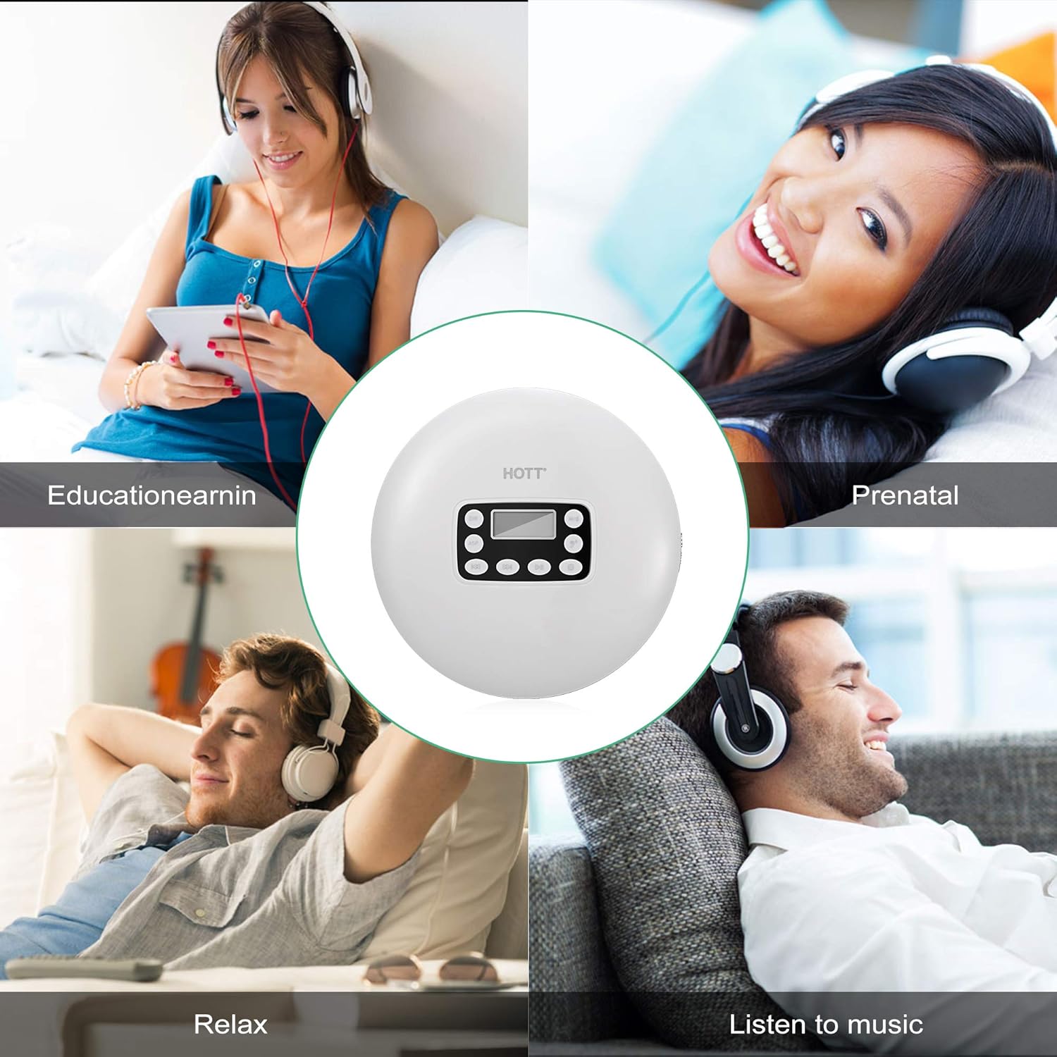White Rechargeable Bluetooth Portable CD Player with Stereo Headphones B3818