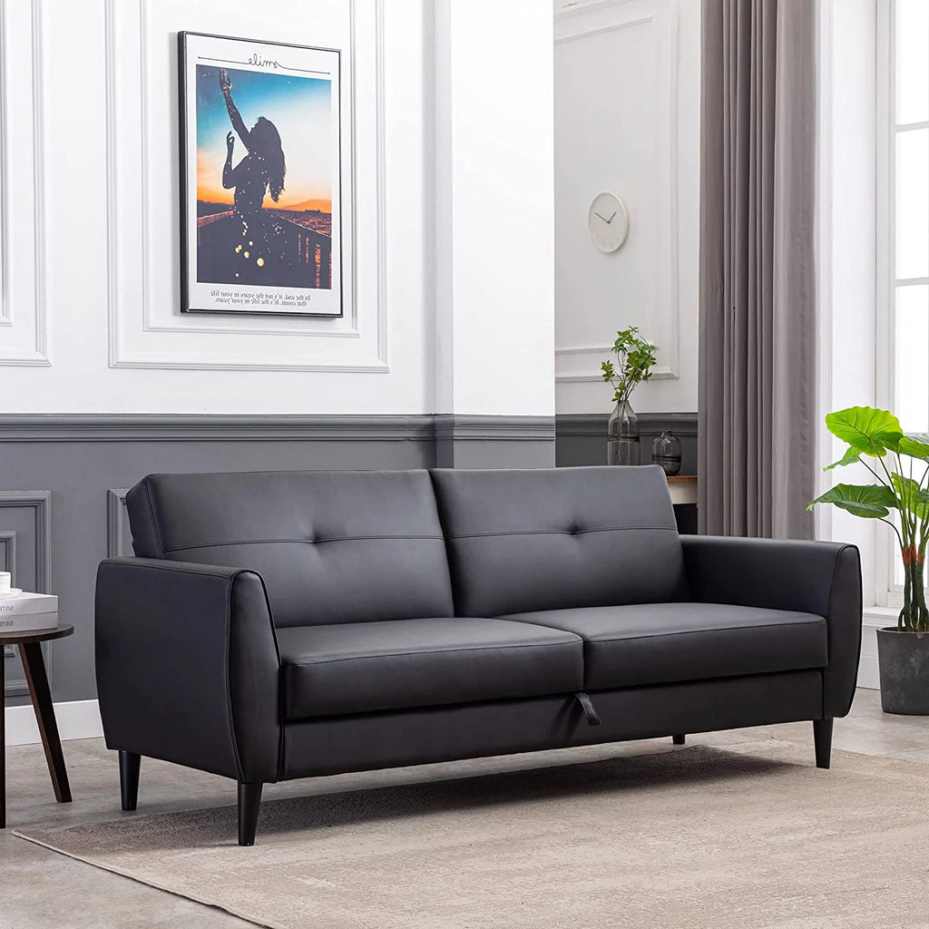 Black PU Leather Convertible Folding Sleeper Sofa Bed with Storage Box K279566