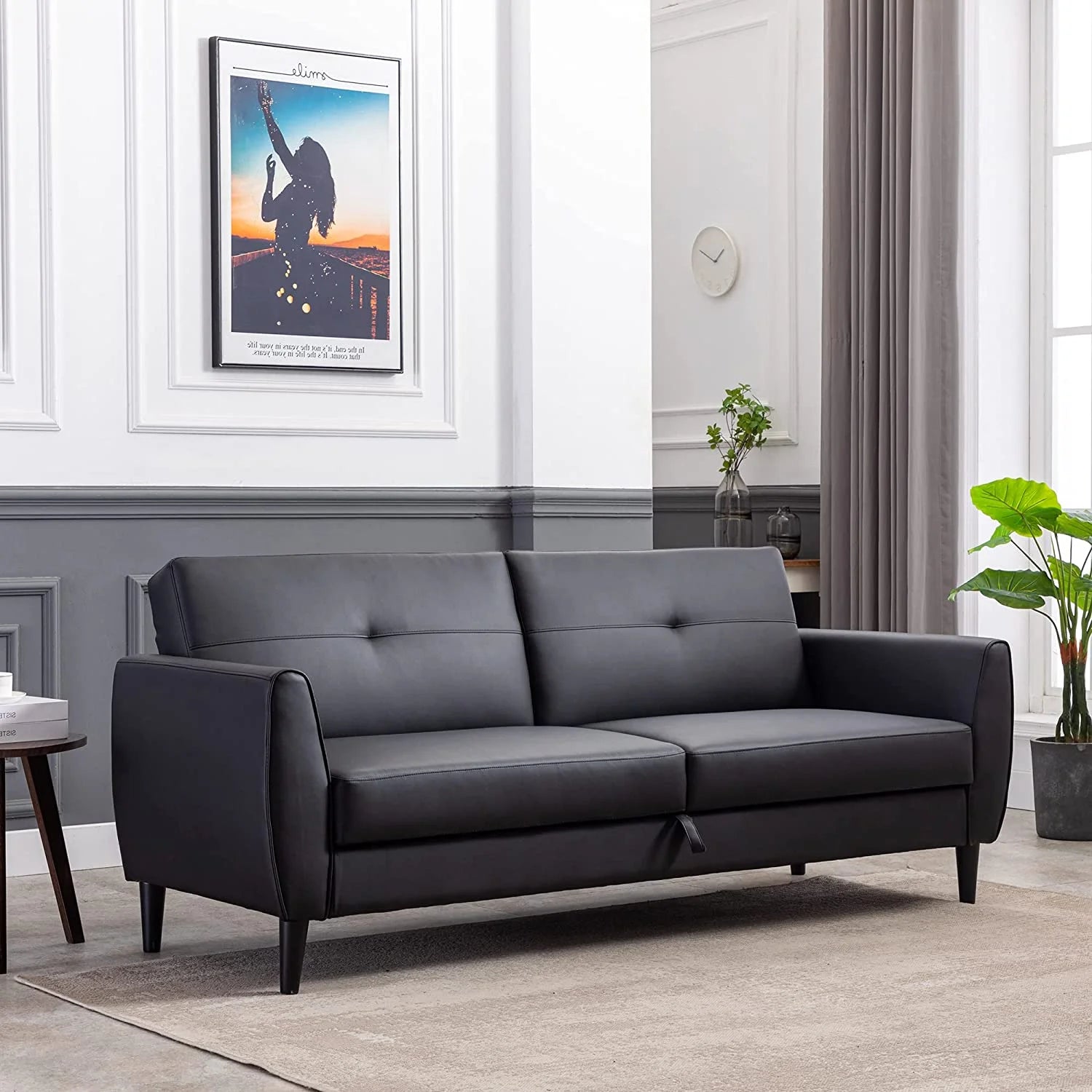 Black PU Leather Convertible Folding Sleeper Sofa Bed with Storage Box K279566