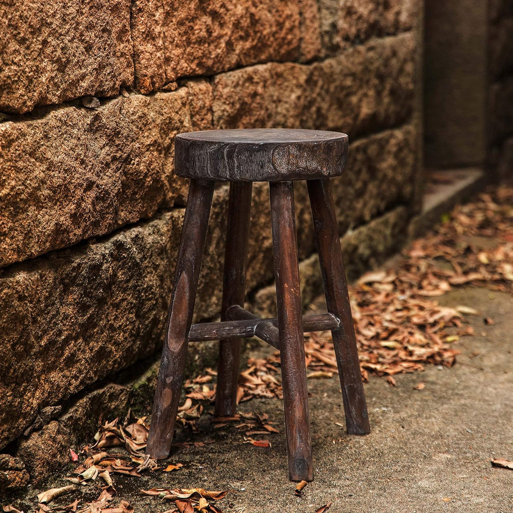 Antique Round Wooden Stools Set of 2, Brown W1010