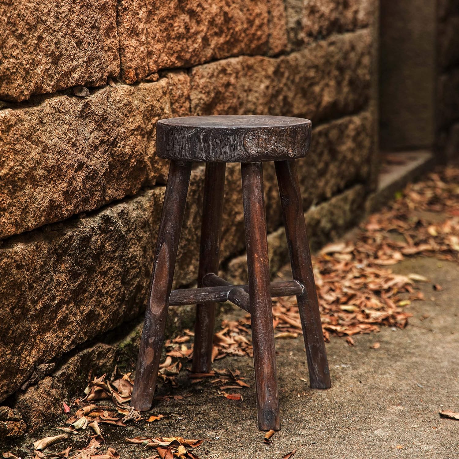 Antique Round Wooden Stools Set of 2, Brown W1010