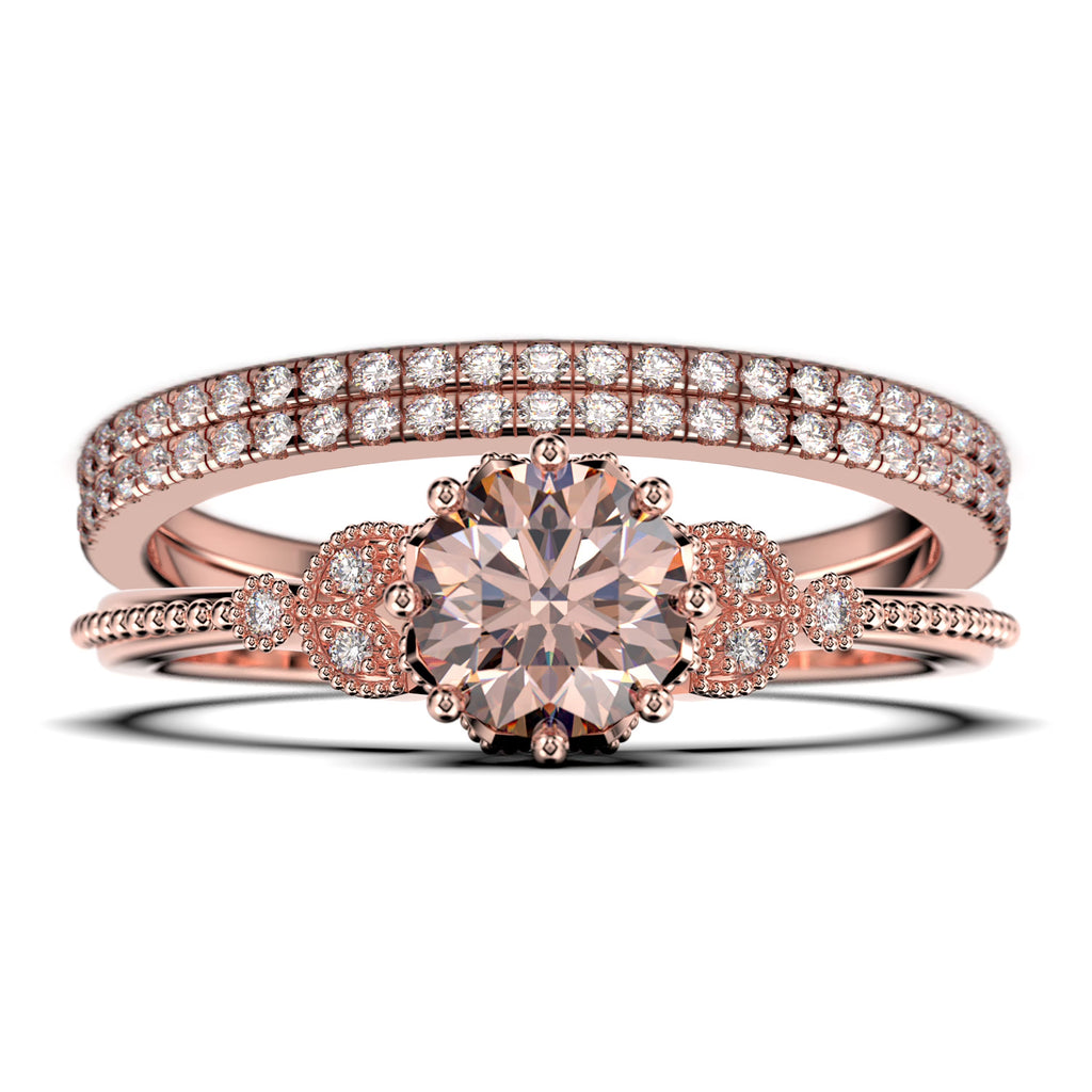 2.25 Carat Round Cut Morganite And Diamond Moissanite Floral Engagement Ring in 10k Solid Rose Gold G6417