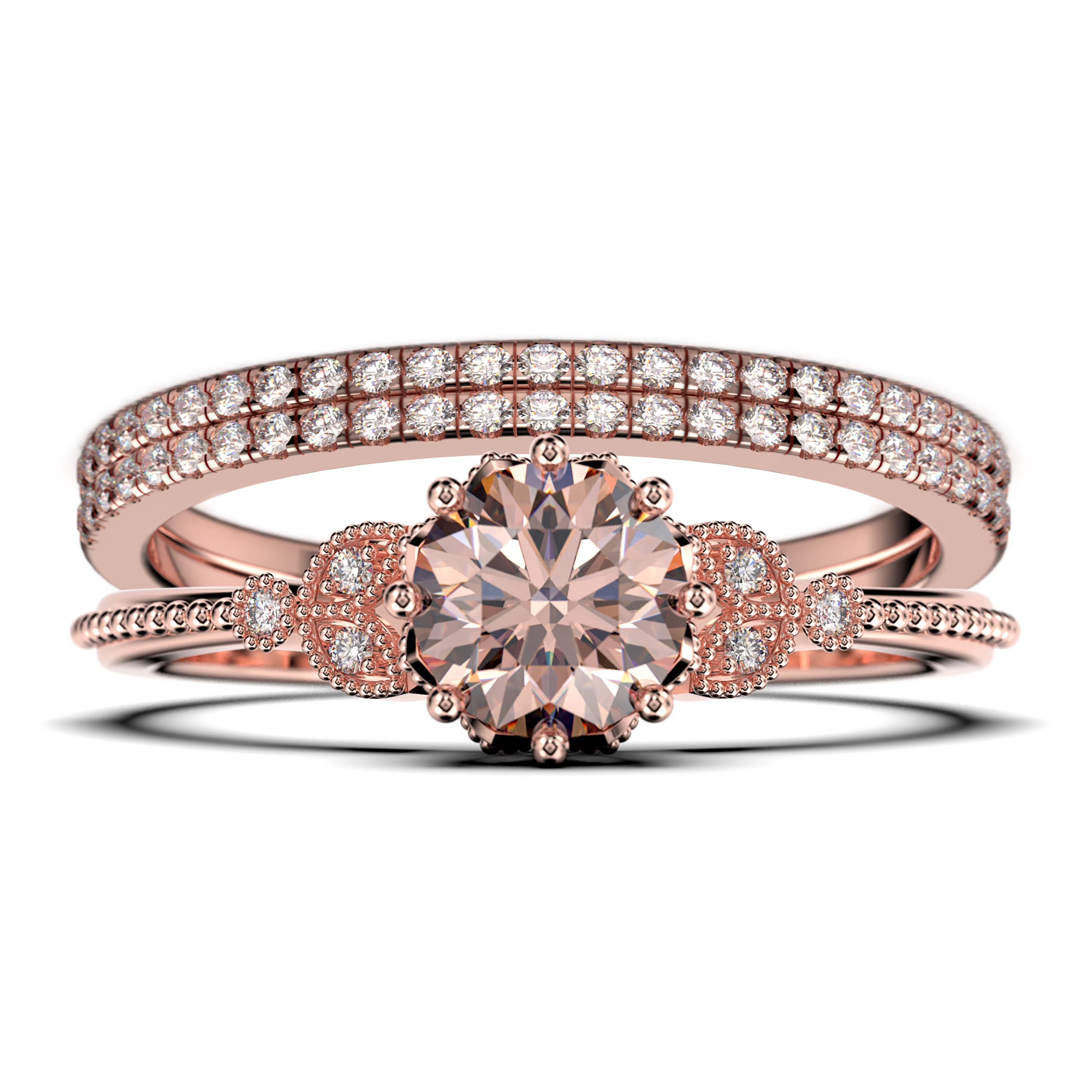2.25 Carat Round Cut Morganite And Diamond Moissanite Floral Engagement Ring in 10k Solid Rose Gold G6417