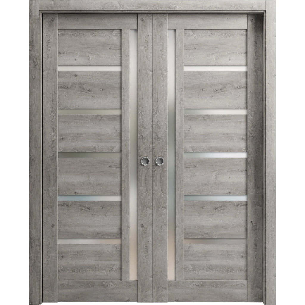 Sliding French Double Pocket Doors 64 x 84 inches Solid Wood with Frosted Glass L551