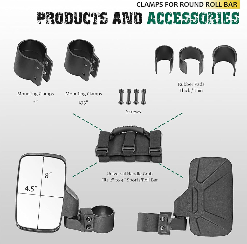 UTV Centre View & Side View Mirror for 1.5''-2'' Roll Cage Bar w/ Pair Grab Handle Set U43170