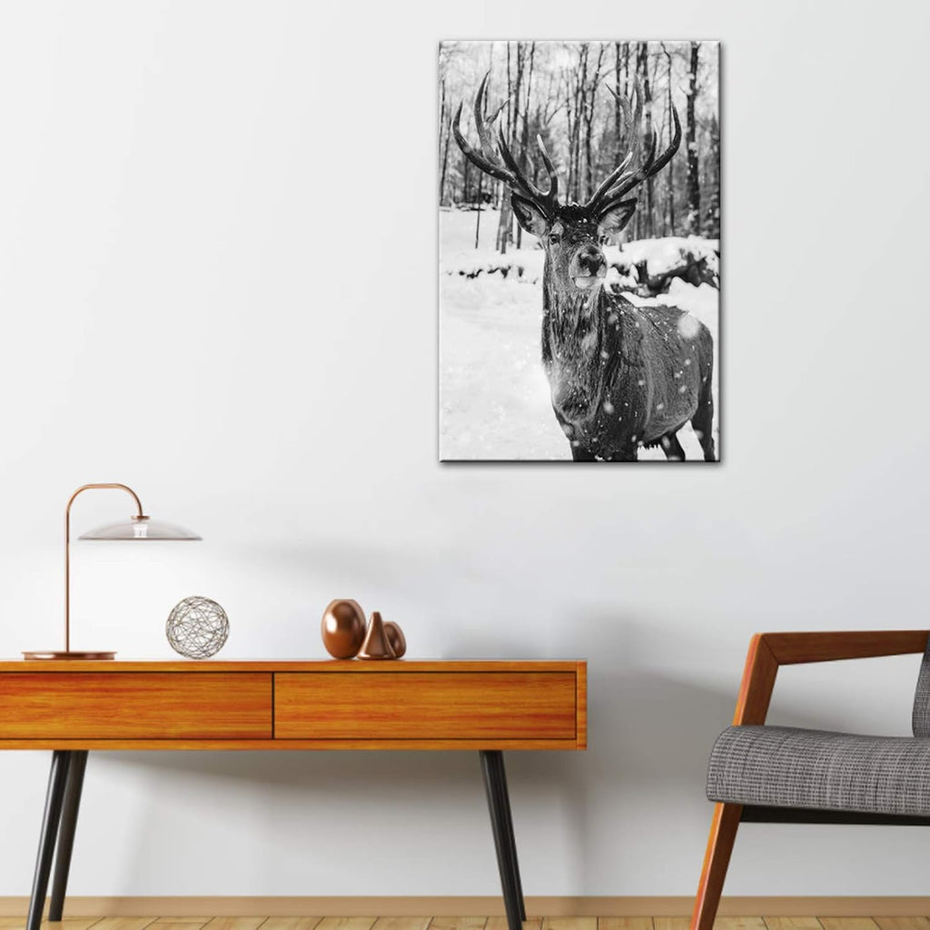 Black and White Deer in Winter Forest Canvas Print Wall Art E9028