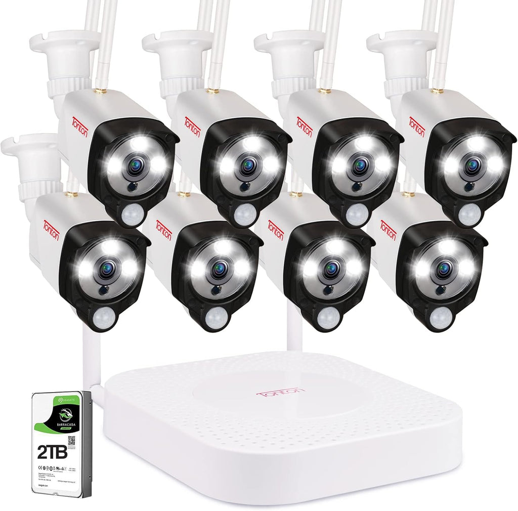 8CH 5MP NVR with 2TB HDD and 8PCS 3MP Outdoor Bullet Cameras with PIR Sensor, Floodlight, White H78466
