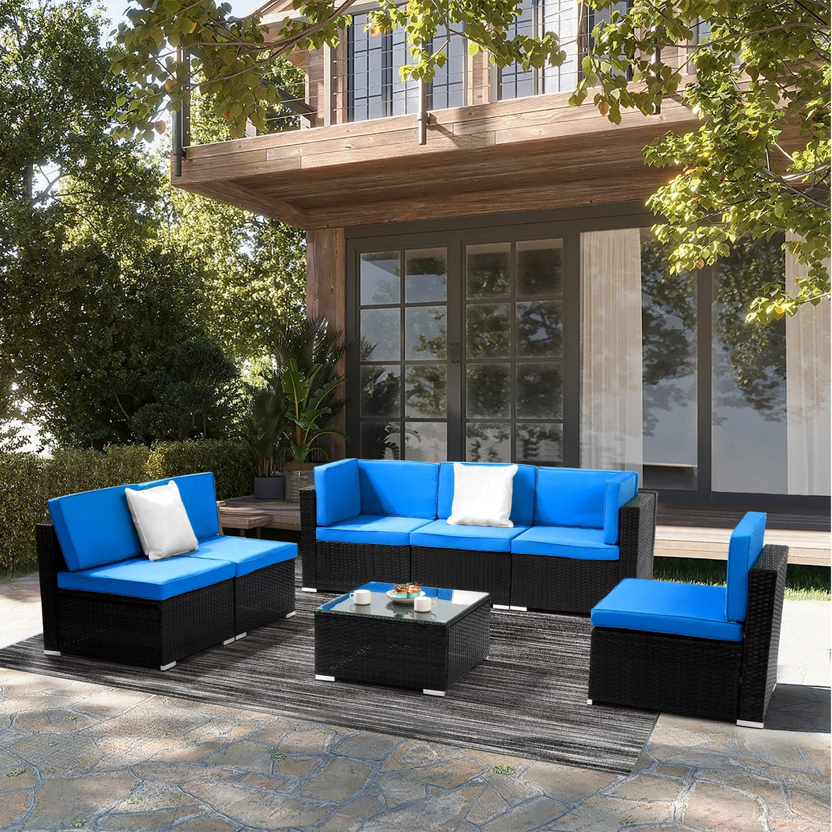 Black Embossed Woven Rattan Sofa Set with 2 Middle Sofas, 4 Single Sofas, 1 Coffee Table Z984