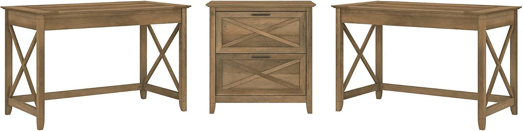 2 Person Desk Set with Lateral File Cabinet, Dark Gray Hickory L44094