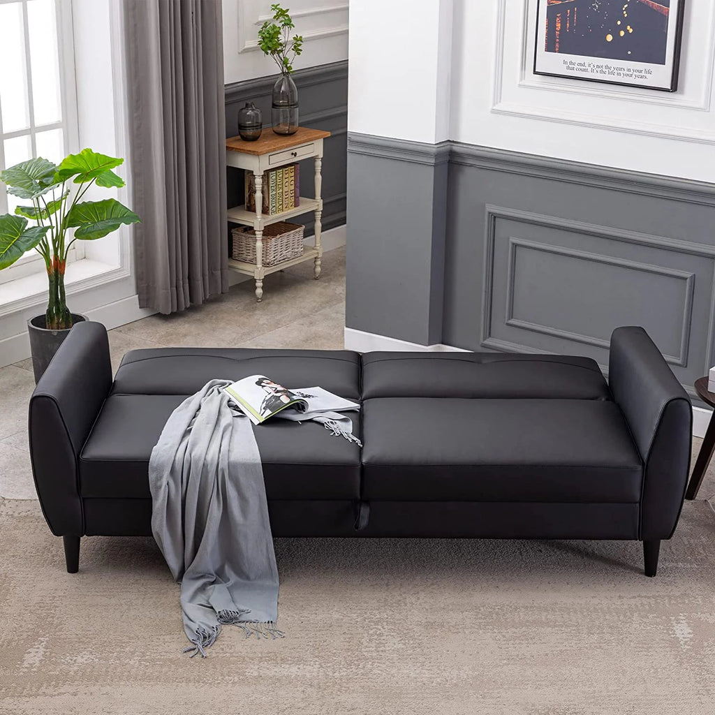 Black PU Leather Convertible Folding Sleeper Sofa Bed with Storage Box K279566