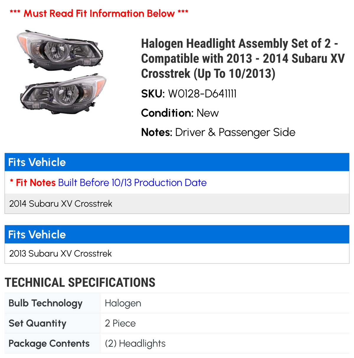 Halogen Headlight Assembly Set of 2 W788928