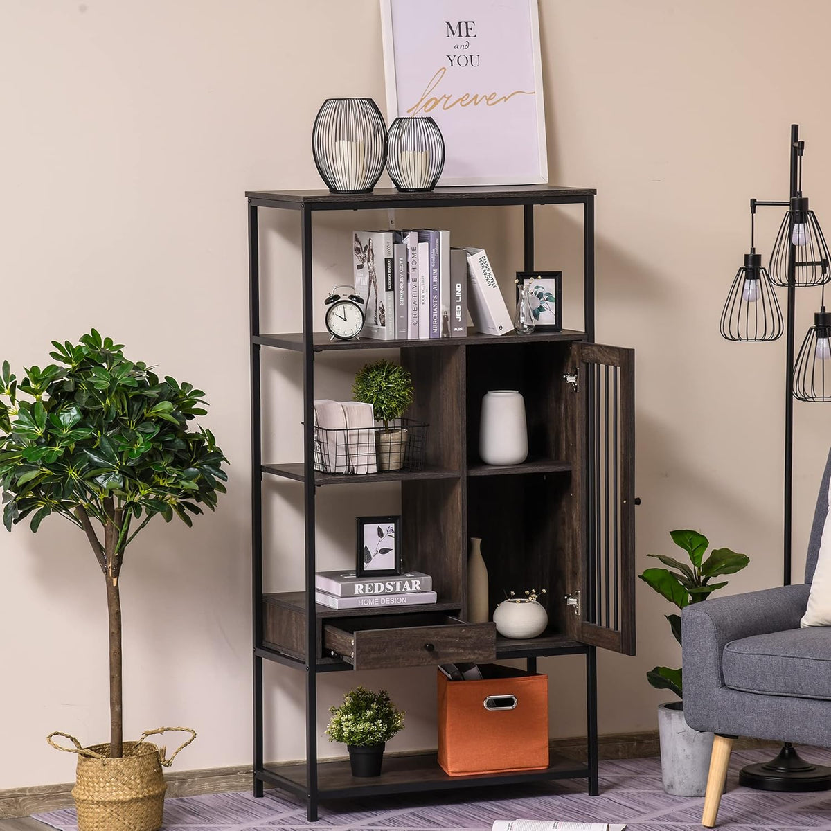 4-Tier Industrial Style Bookcase with Drawer and Cabinet A1631