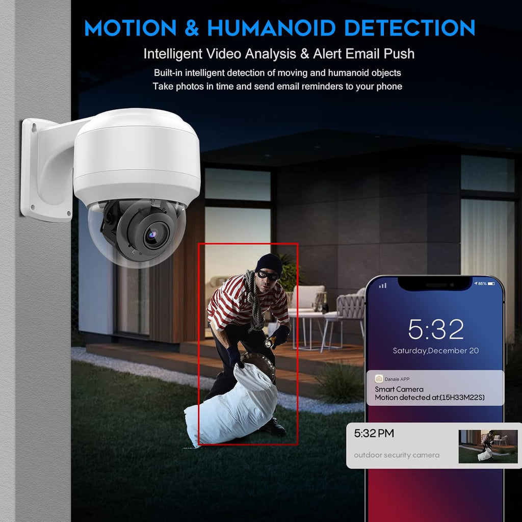 5MP PTZ PoE Dome IP Camera with Mic/Audio, 4X Optical Zoom, 164ft Night Vision, IP67 Waterproof W850039