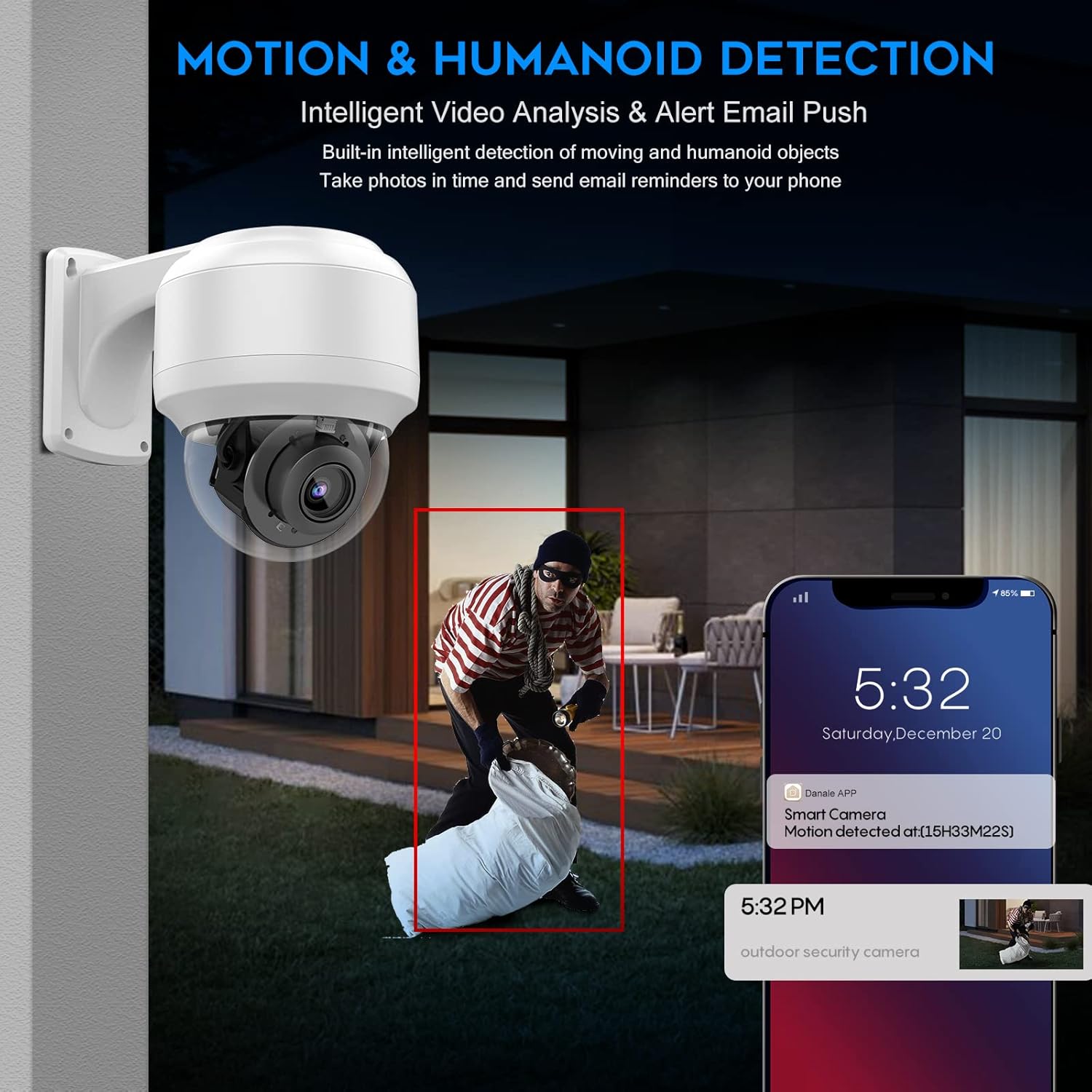 5MP PTZ PoE Dome IP Camera with Mic/Audio, 4X Optical Zoom, 164ft Night Vision, IP67 Waterproof W850039