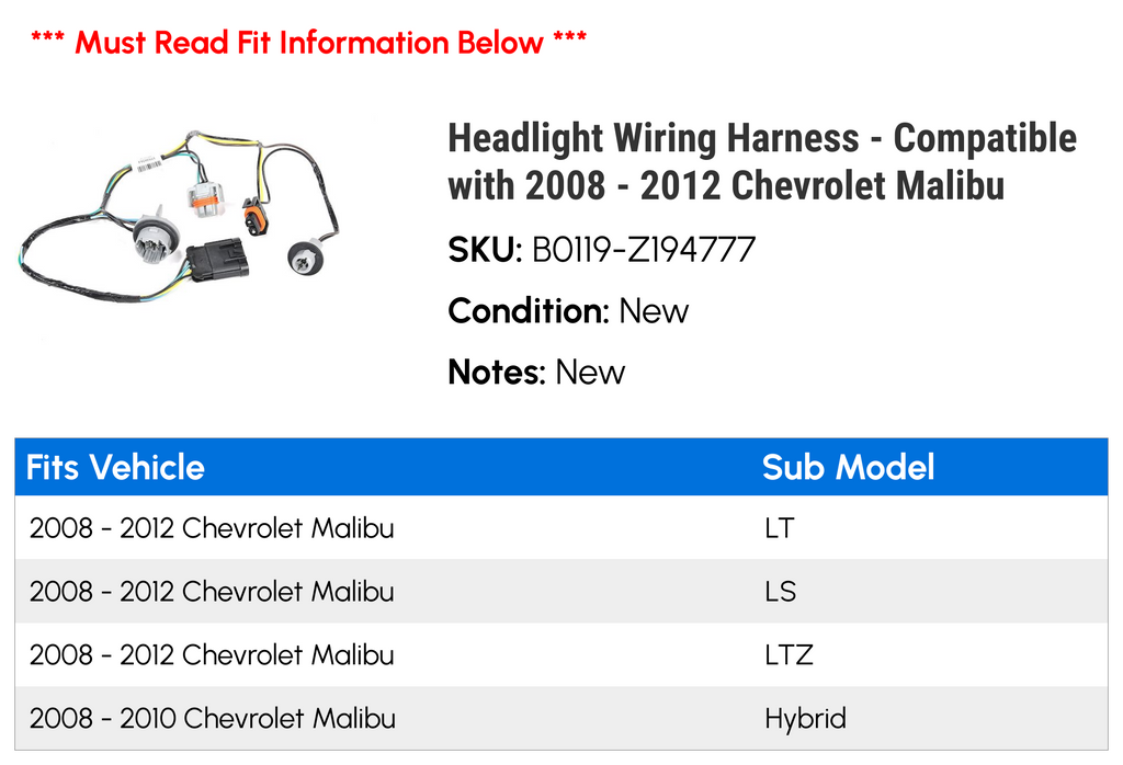 Headlight Wiring Harness for 2008-2012 Chevy Malibu X94626