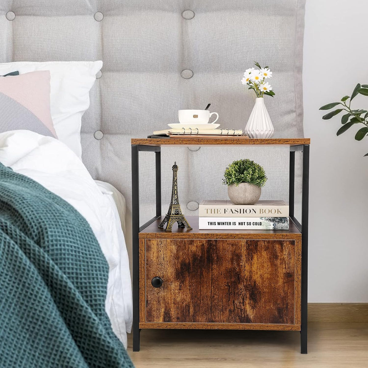 White Industrial Nightstand with Storage Cabinet and Open Shelves O215